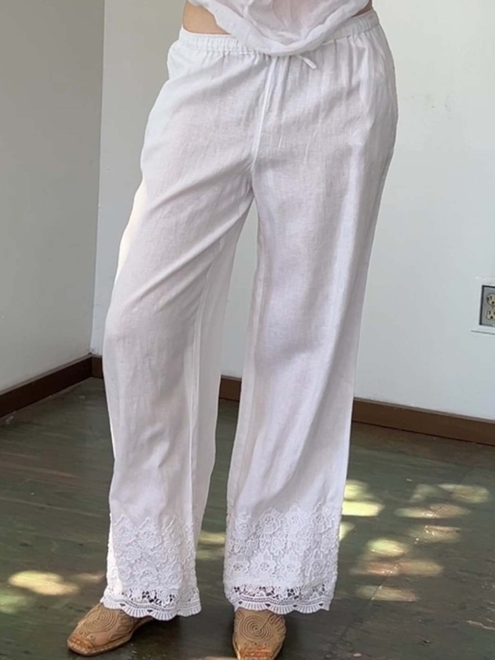 100% Linen Crochet Trim Pants L White Wide Leg Loose Pockets Elastic Tie Waist